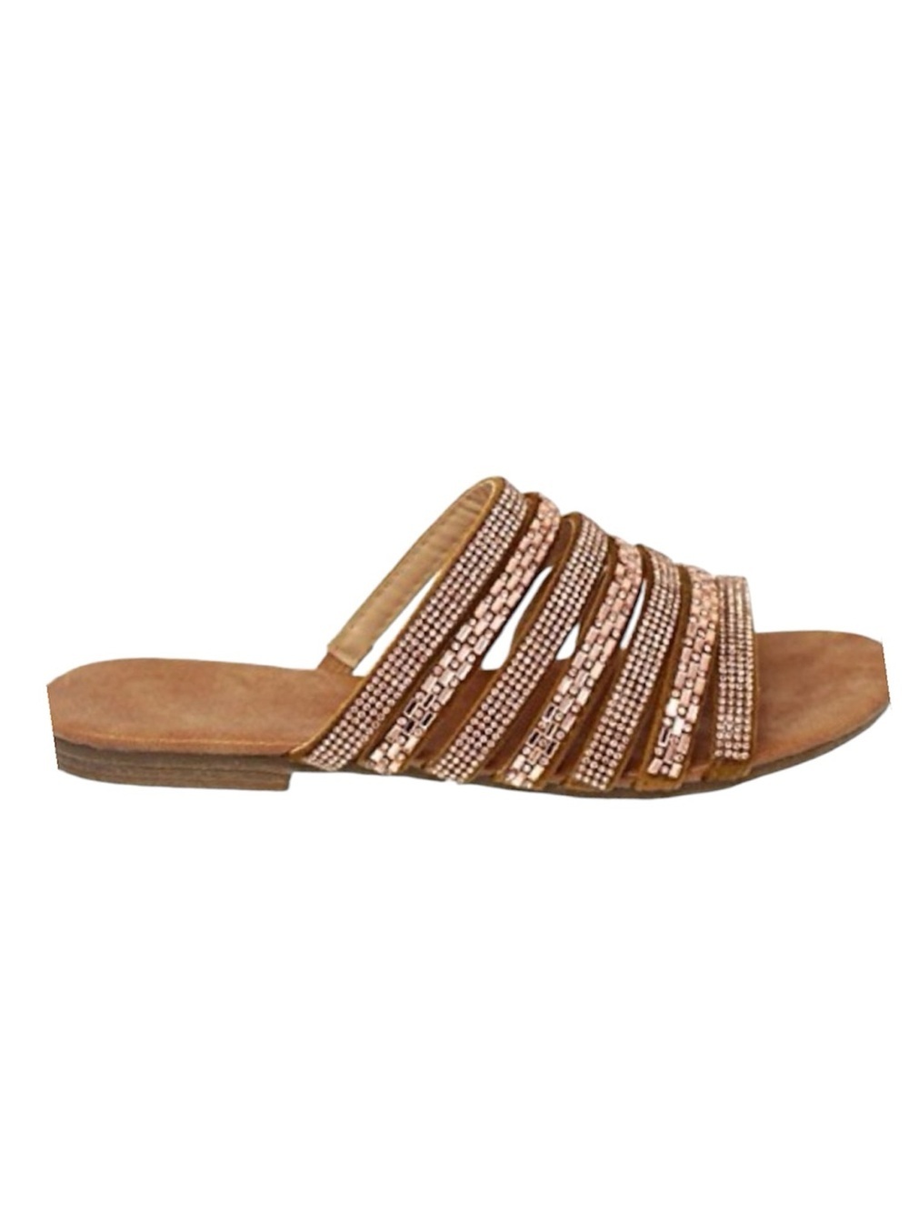 NATURE BREEZE Adrian Crystal Strappy Flat Slide Sandals Copper Rose Gold Size 9